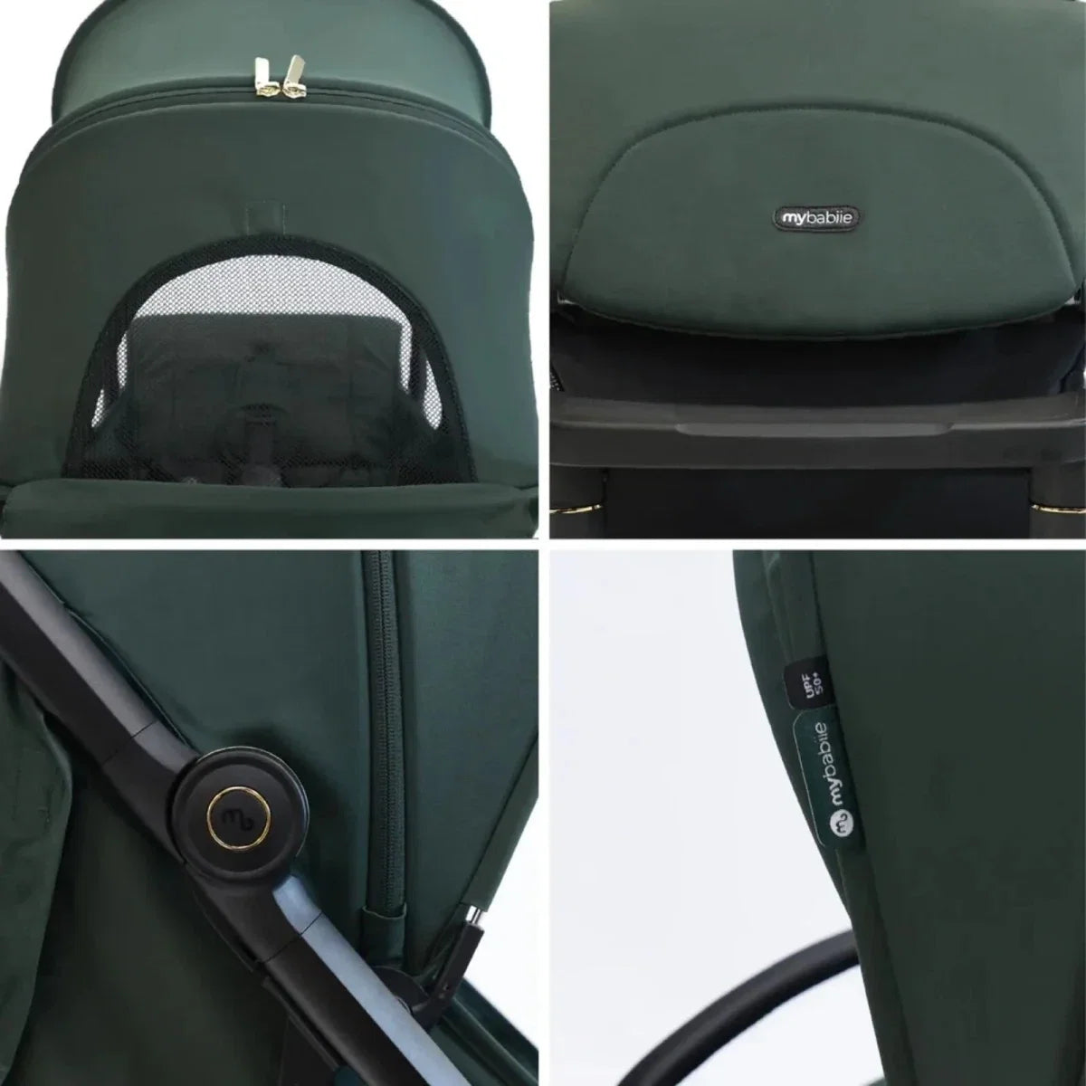 Forest green stroller seat and canopy details with mybabie branding
