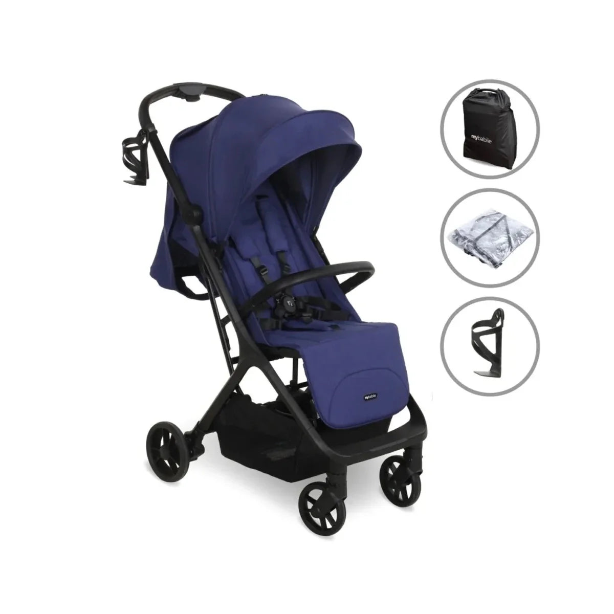 Indigo compact stroller with canopy and front swivel wheels, carry handle and storage basket