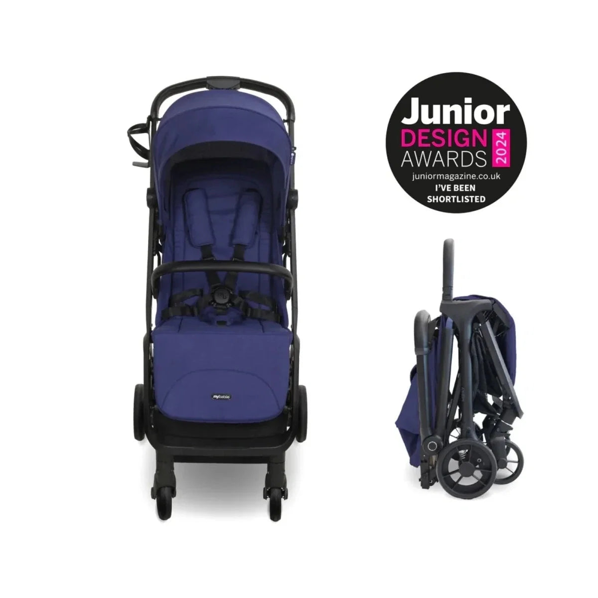 Indigo compact stroller shown front view with canopy, seat padding, and foldable wheels