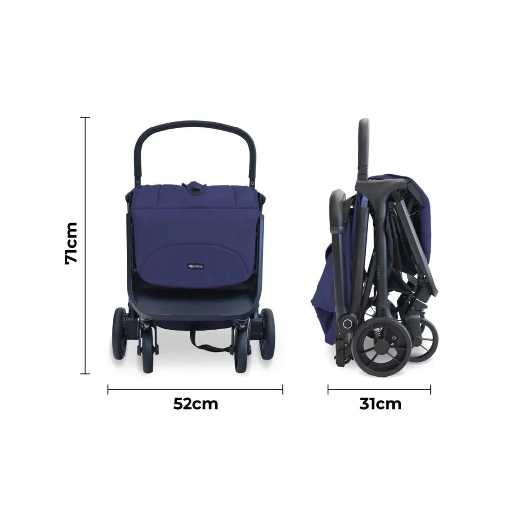 Indigo compact stroller with measurements shown: front seat and folded profile