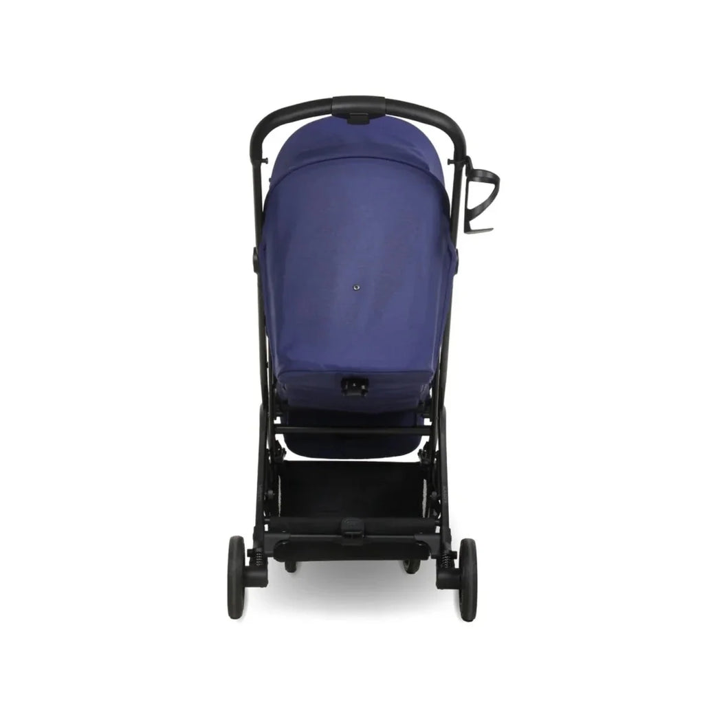 Indigo compact stroller rear view with canopy and compact frame wheels