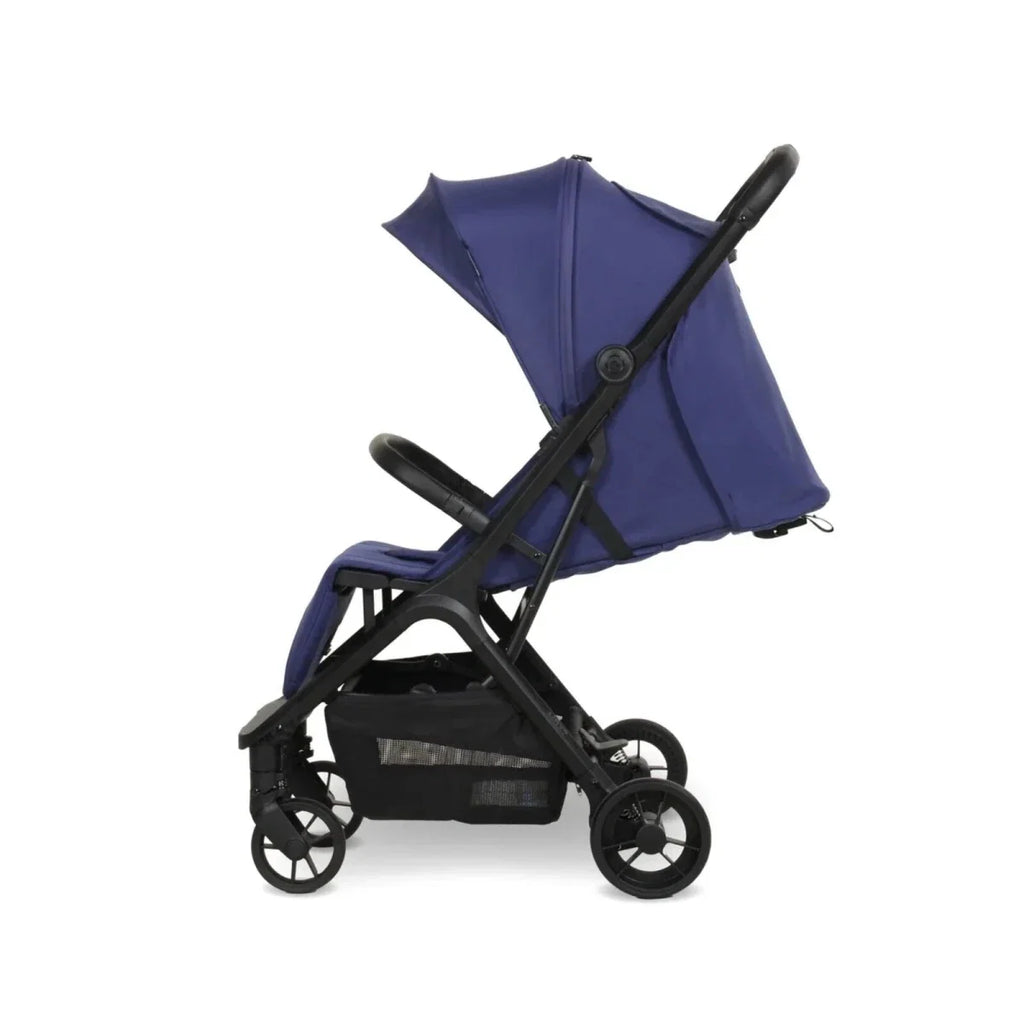 Indigo compact stroller side view with canopy and extended seat frame