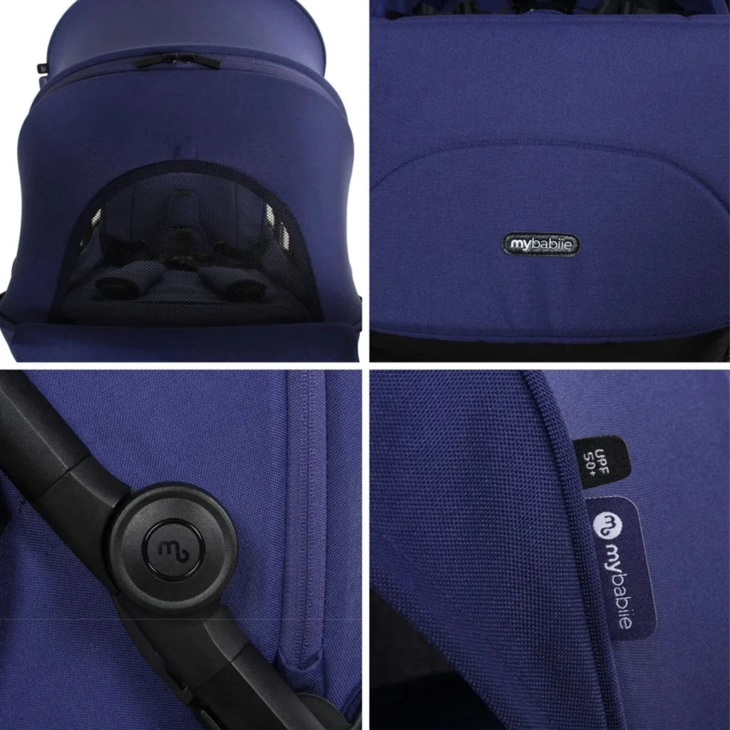 Close-up of indigo stroller seat and canopy, plus MyBabiie branding and control button