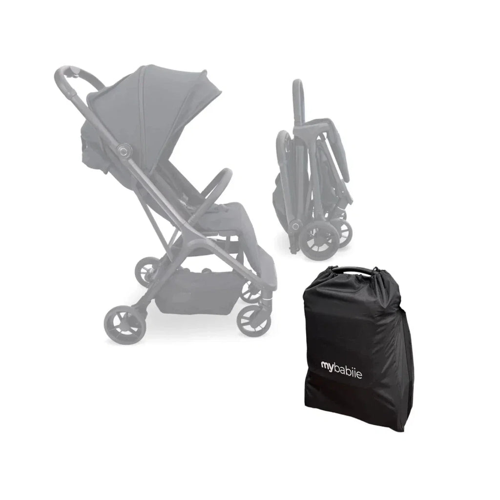 Compact stroller set with carry bag: stroller open and folded views