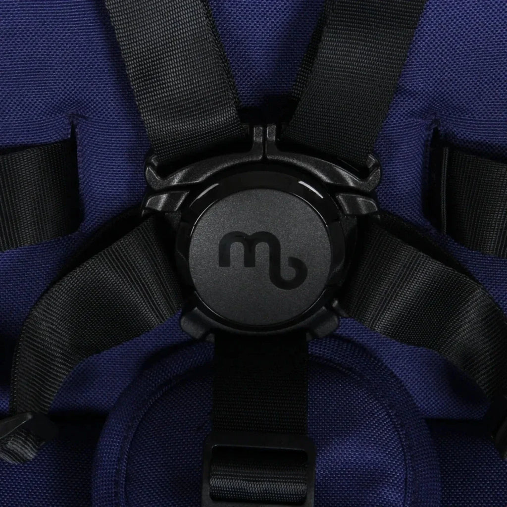 Close-up of stroller harness buckle and shoulder straps in dark fabric