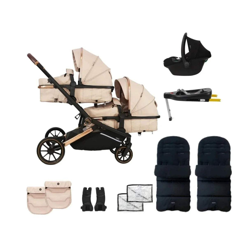Twin stroller travel system, beige seats with black frame and two canopies