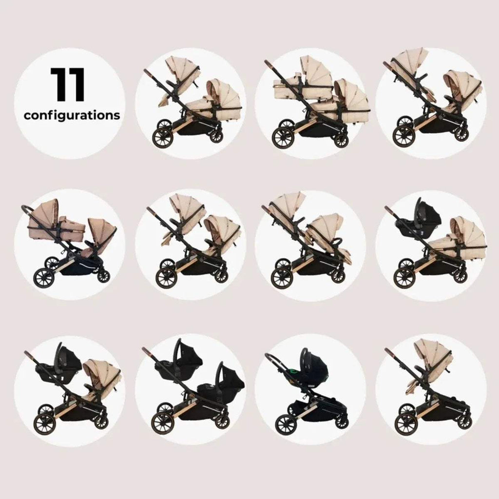 Twin stroller travel system shown in multiple layout positions with thumbnail views