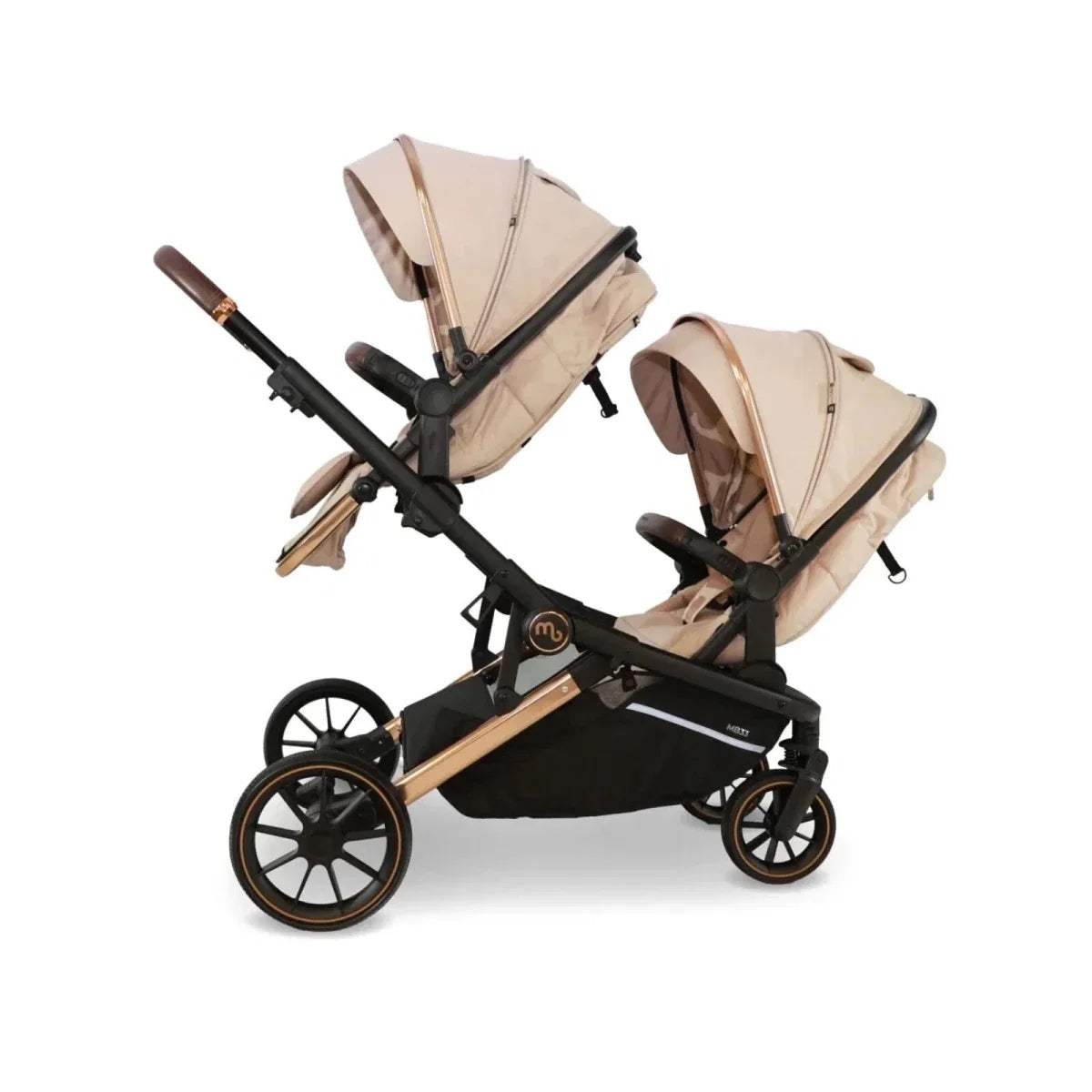 Twin stroller travel system with two beige seat units and canopies on black frame