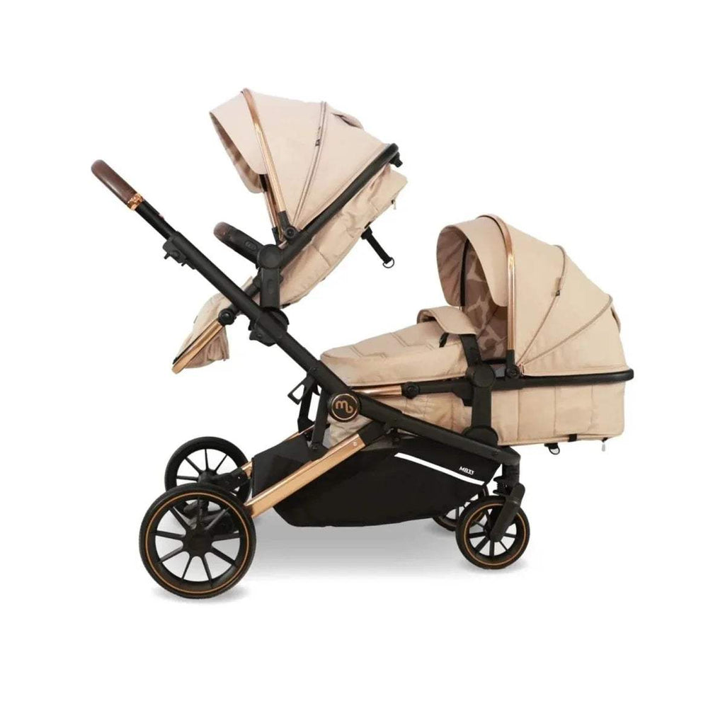 Twin stroller travel system, beige seats with canopies and black undercarriage