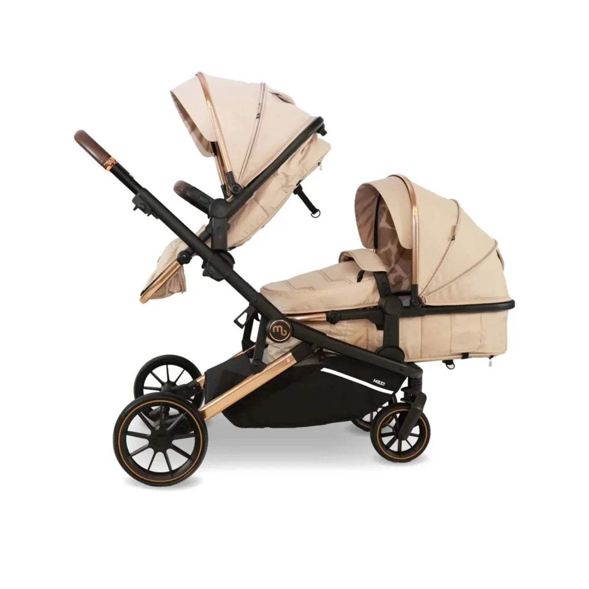 Twin stroller travel system, beige seats with canopies and black undercarriage