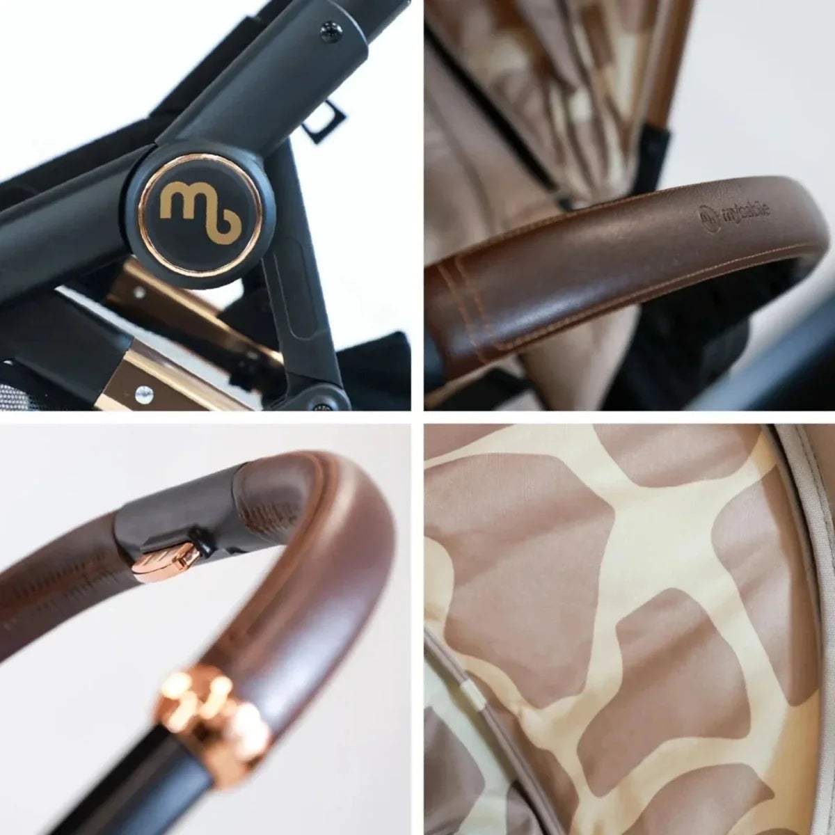 Twin stroller handle and armrest detail with brown leather-look grip