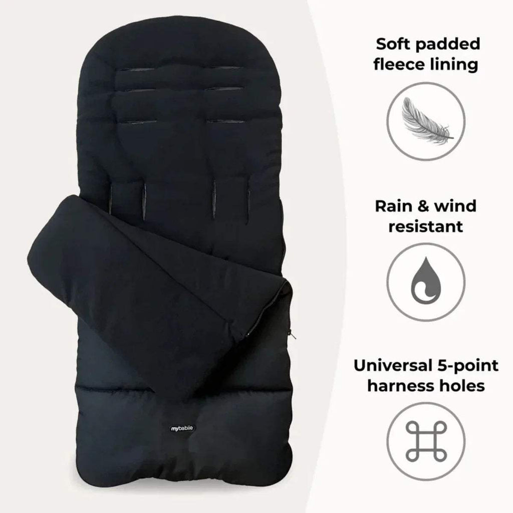 Black padded stroller liner with soft lining texture and universal 5-point harness holes