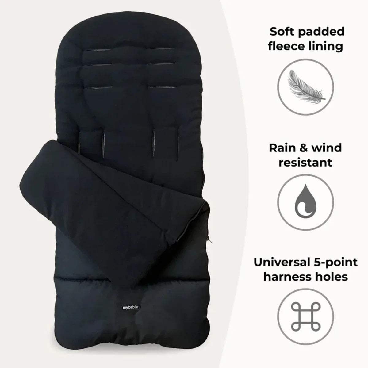 Black padded stroller liner with soft lining texture and universal 5-point harness holes
