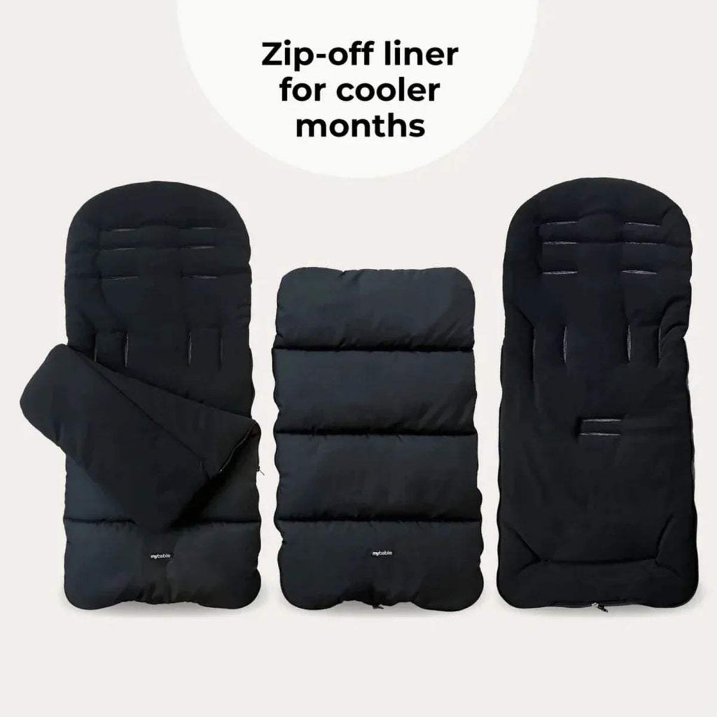 Black zip-off stroller liner set with three pieces and padded cushioning