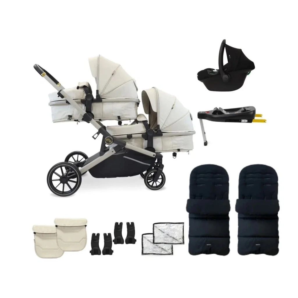 Ivory twin travel system with two carrycots, stroller frame, and black accessory set