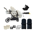 Ivory twin travel system with two carrycots, stroller frame, and black accessory set