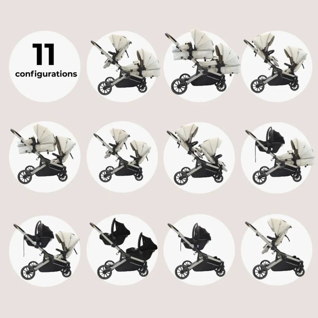 Ivory and black twin travel system shown in multiple stroller setup angles