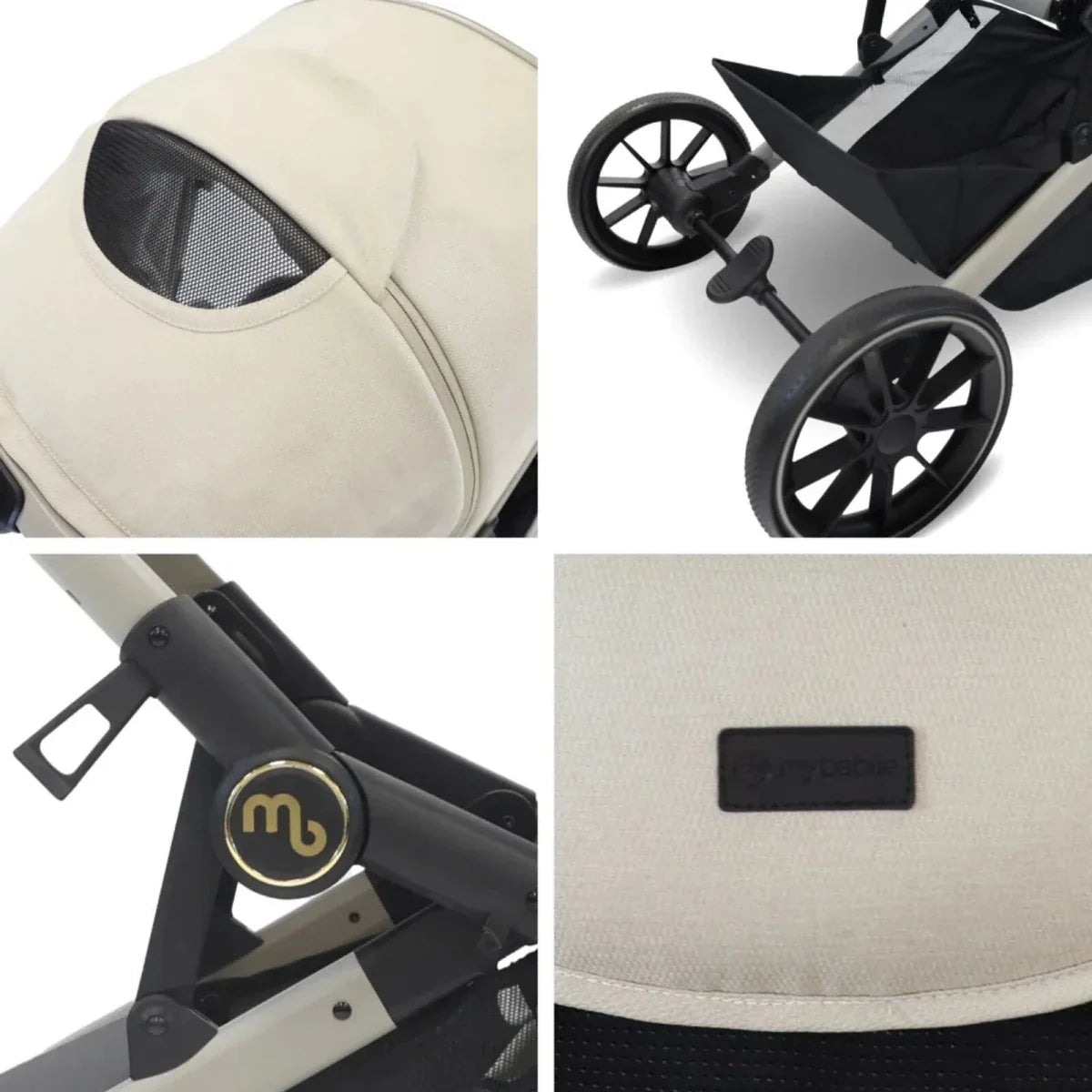 Ivory carrycot and frame closeups: mesh window, wheel, and brand badge detail