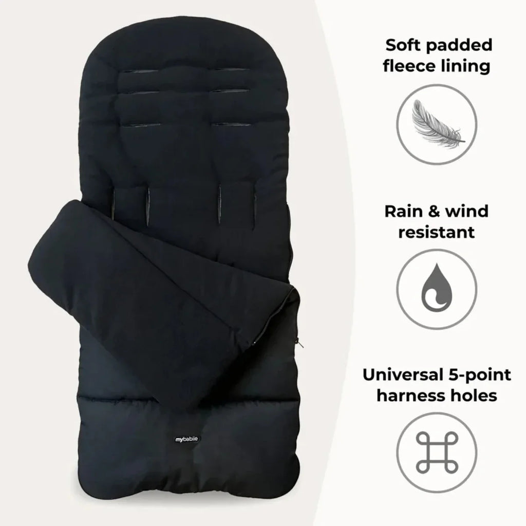 Black padded stroller footmuff with hood and harness opening