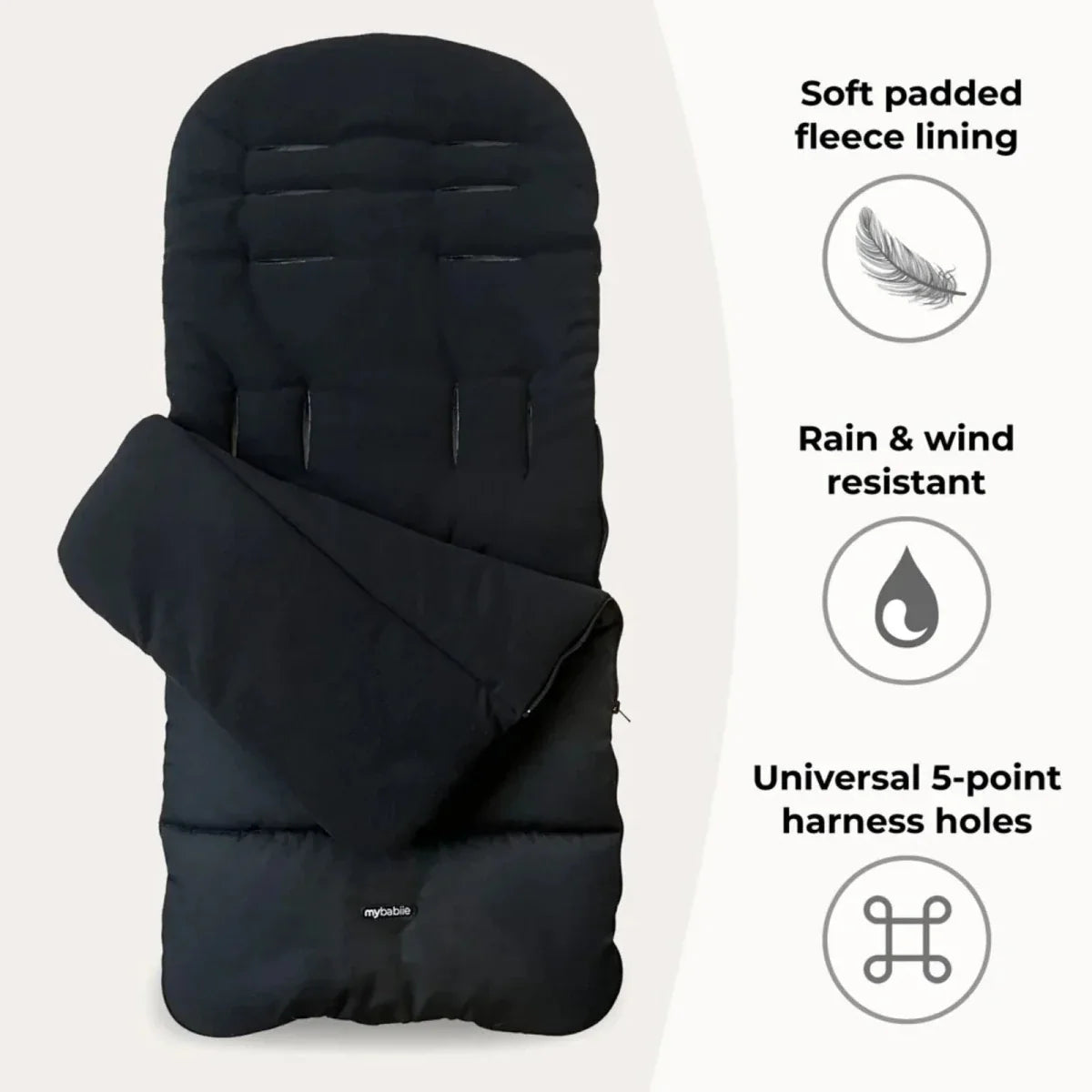 Black padded stroller footmuff with hood and harness opening