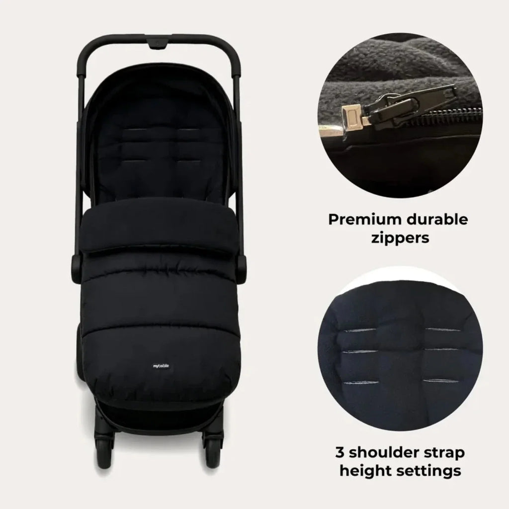 Dark padded stroller seat cover with zipper and adjustable shoulder strap settings