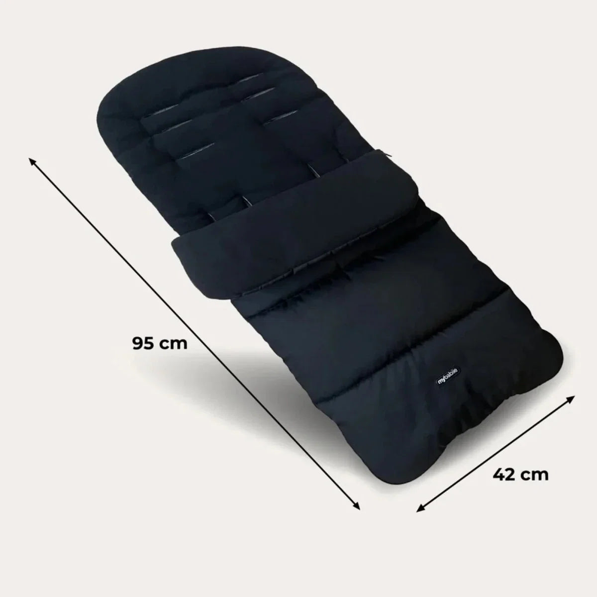 Dark padded stroller seat cover, laid flat; size approx 95 cm by 42 cm