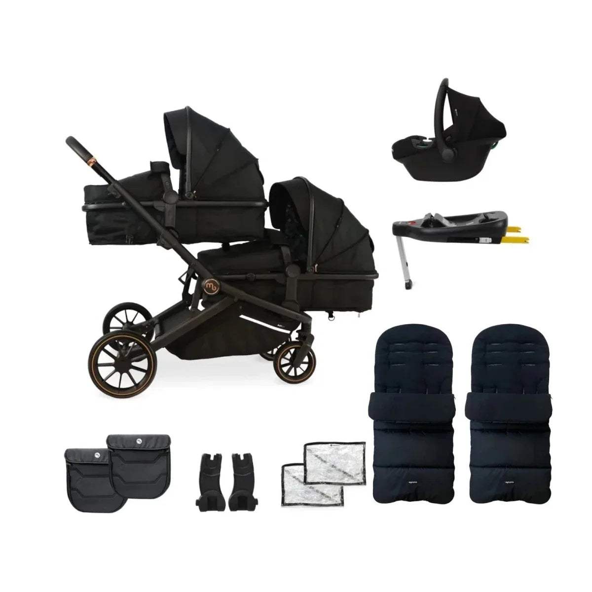 Twin travel system stroller with black seats, wheels, and included accessories