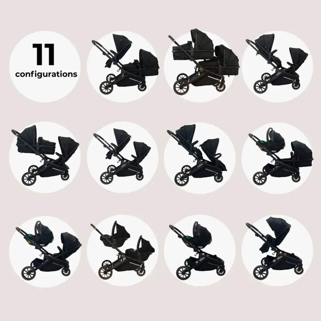 Twin stroller configurations showing multiple black seat positions on the frame