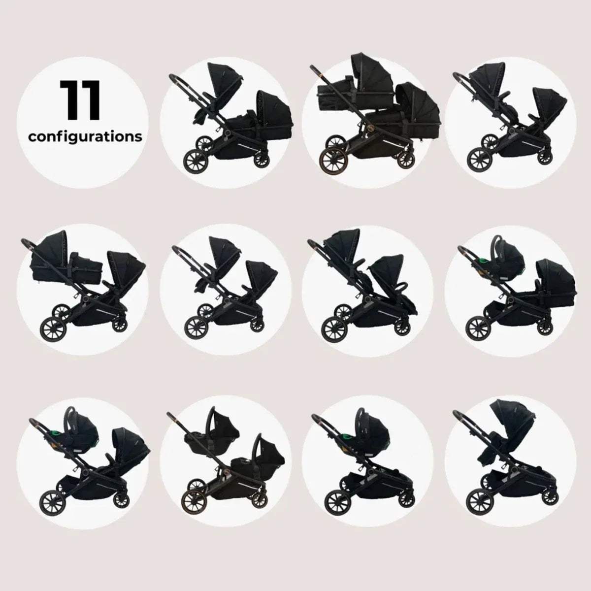 Twin stroller configurations showing multiple black seat positions on the frame