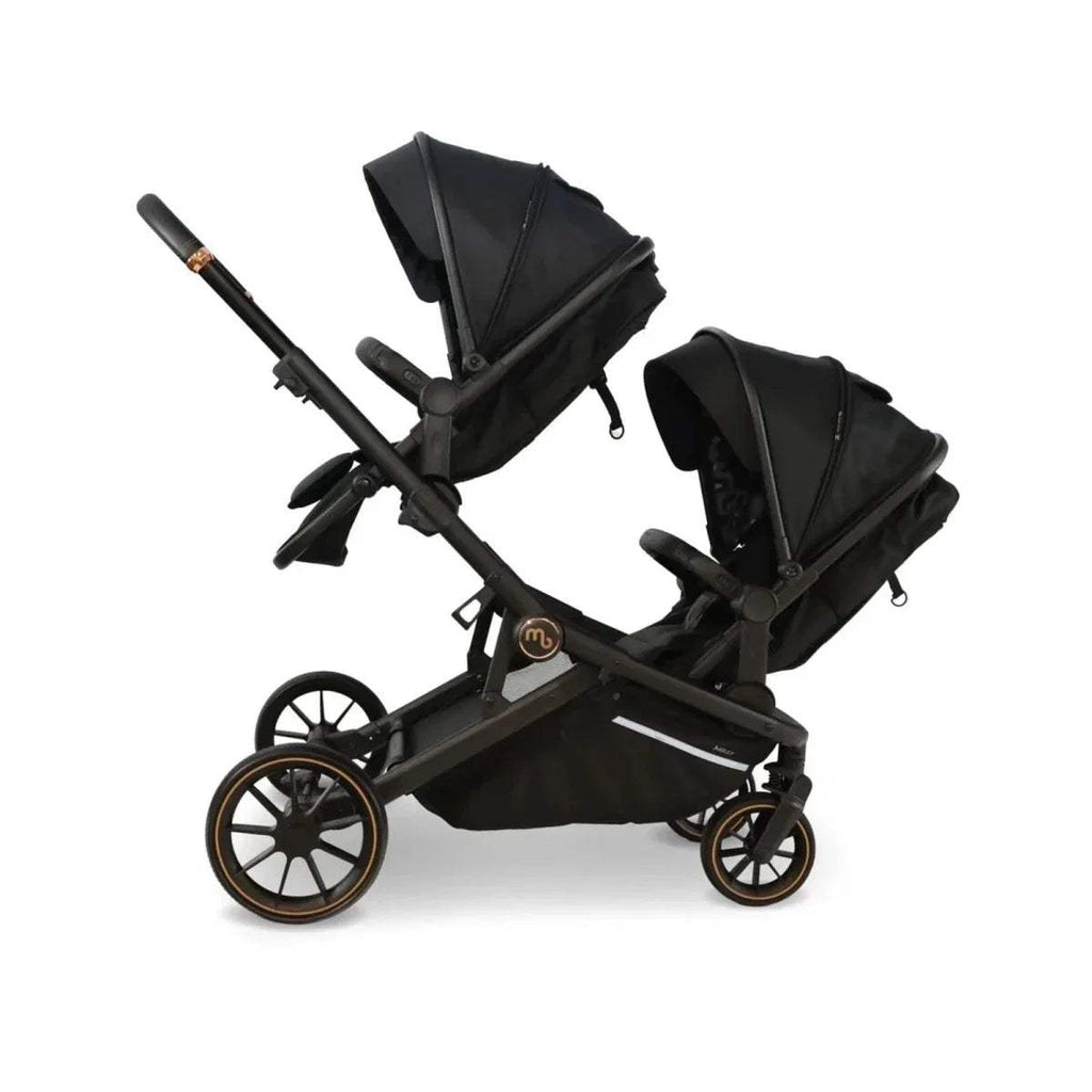 Black twin stroller with two canopy seats and large wheels, side angle