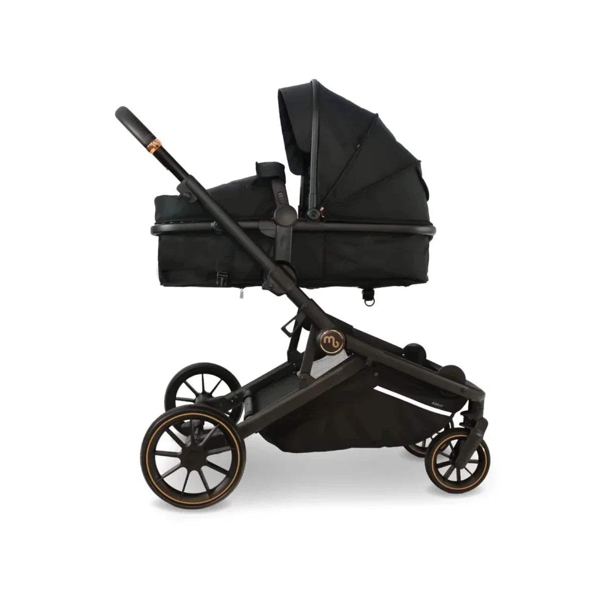 Black twin stroller with two canopy seats and tan-trim wheels, angled side view