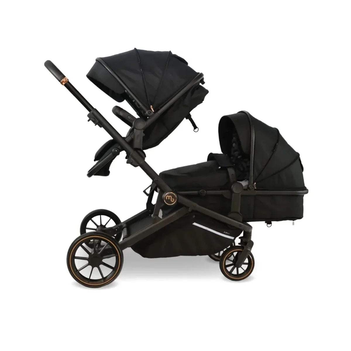 Black twin stroller with two canopy seats and tan-trim wheels, other side view