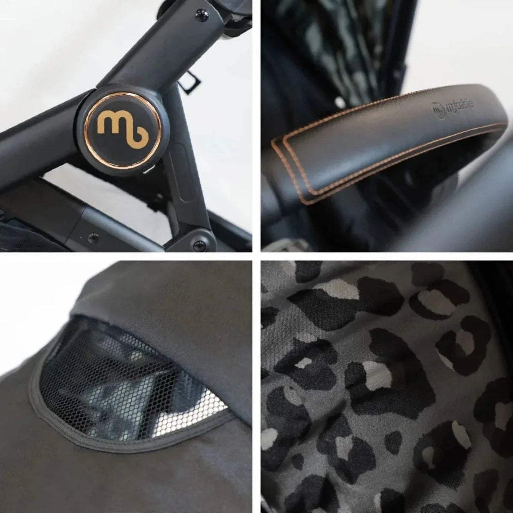 Stroller details: circular emblem, tan-trim handle, mesh pocket, black leopard fabric
