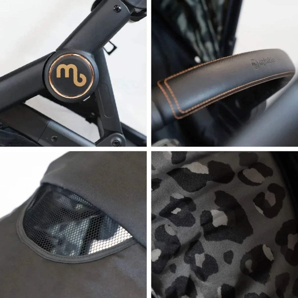 Stroller details: circular emblem, tan-trim handle, mesh pocket, black leopard fabric