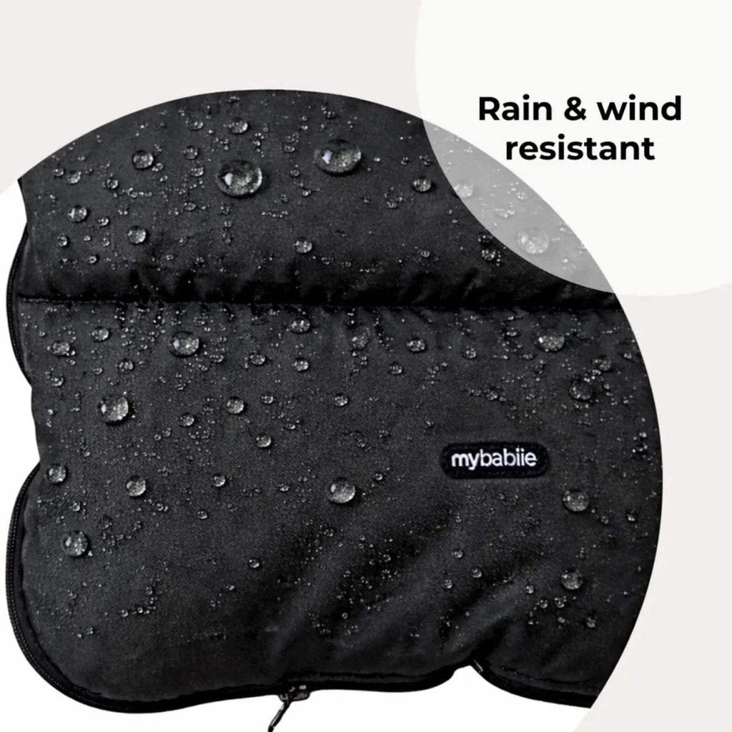 Water-repellent stroller rain cover, dark fabric with water droplets and logo