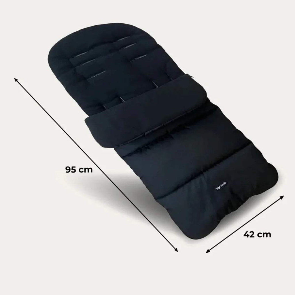 Dark padded footmuff with stitched panels, flat lay dimensions 95 x 42 cm
