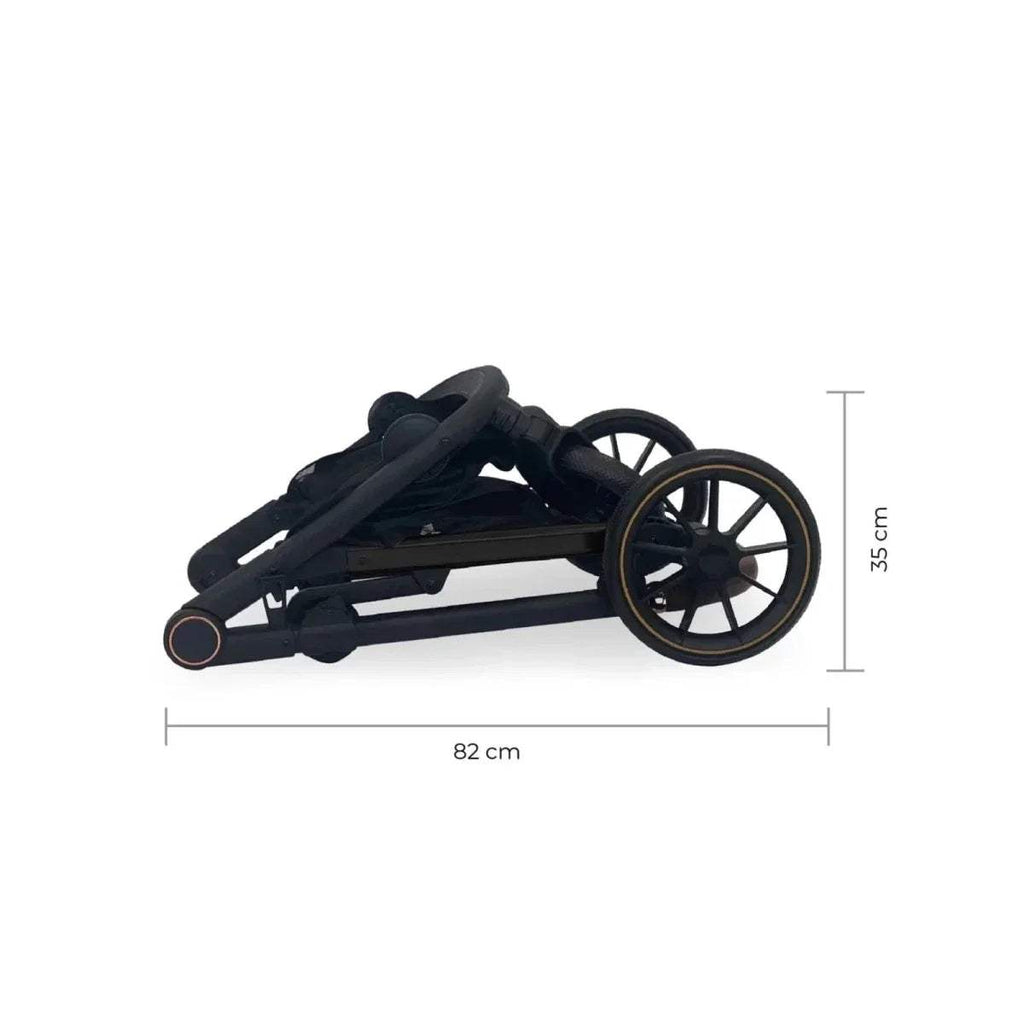 Dark stroller frame with wheels and seat attachment, size 82 x 35 cm