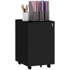 Black steel mobile filing cabinet with three drawers, lock, and caster wheels