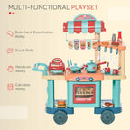 Kids kitchen play trolley cart with red-and-teal roof, cash register, and cooking stove