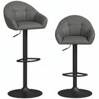 Set of 2 grey bar stools with curved backrest, armrests, and circular footrest ring