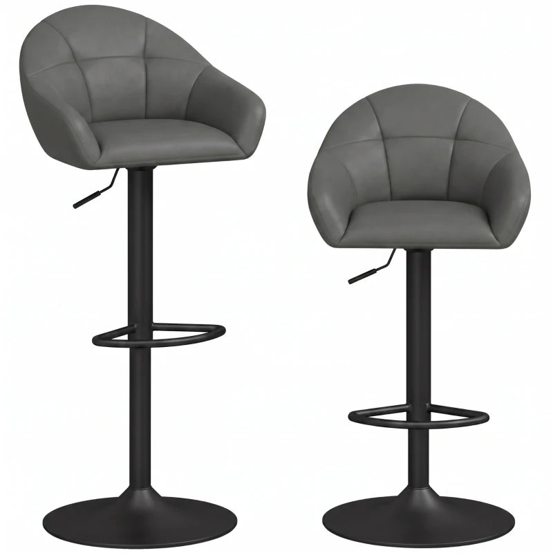 Set of 2 grey bar stools with curved backrest, armrests, and circular footrest ring