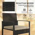 Dark woven rattan chair with tan cushion seat and textured wicker pattern