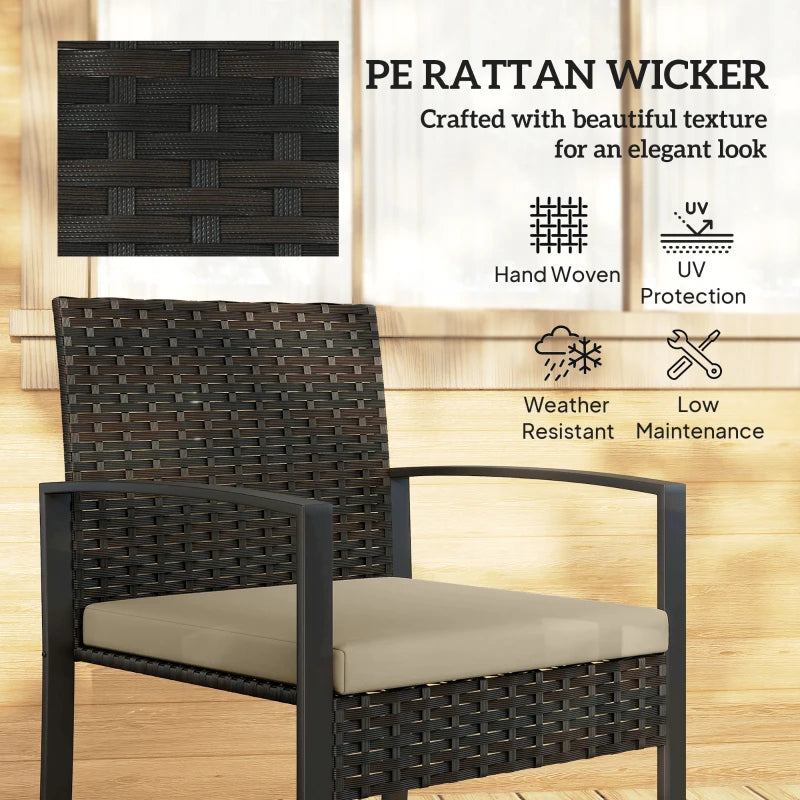 Dark woven rattan chair with tan cushion seat and textured wicker pattern