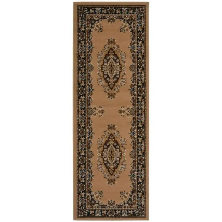 Traditional narrow rug with beige ground, dark border, vertical medallion pattern