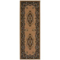 Traditional narrow rug with beige ground, dark border, vertical medallion pattern