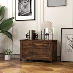 Rustic wooden storage chest with flat top and front panel, dark brown finish