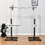 Adjustable squat rack with barbell and weight plates on black base, silver uprights.