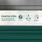 Green painted steel side panel of a raised outdoor planter with smooth finish