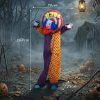 Tall animated clown decoration in orange polka-dot and purple striped jumpsuit with blue wig