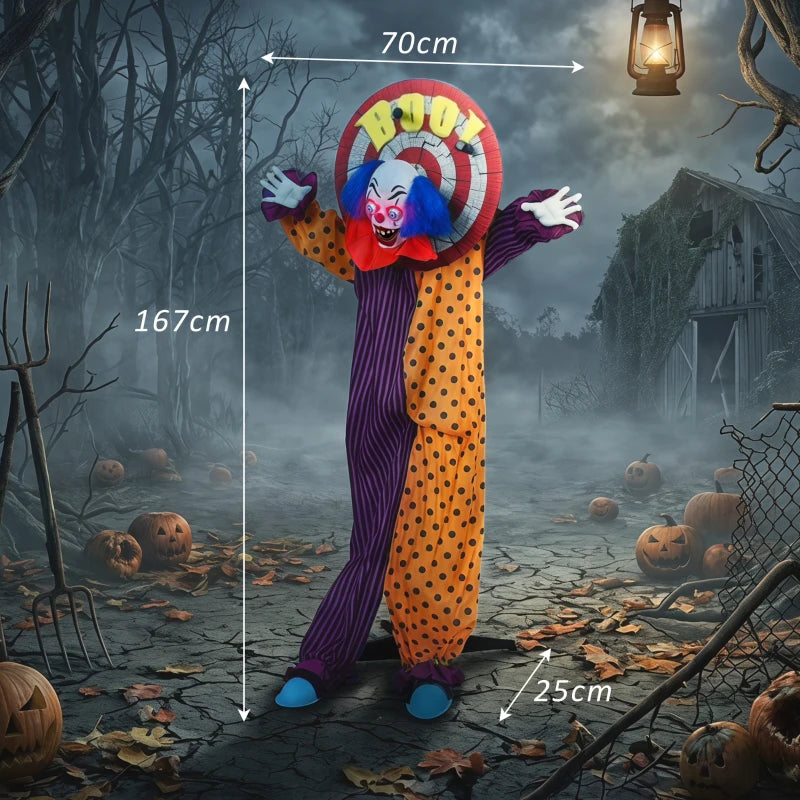 Tall animated clown decoration in orange polka-dot and purple striped jumpsuit with blue wig